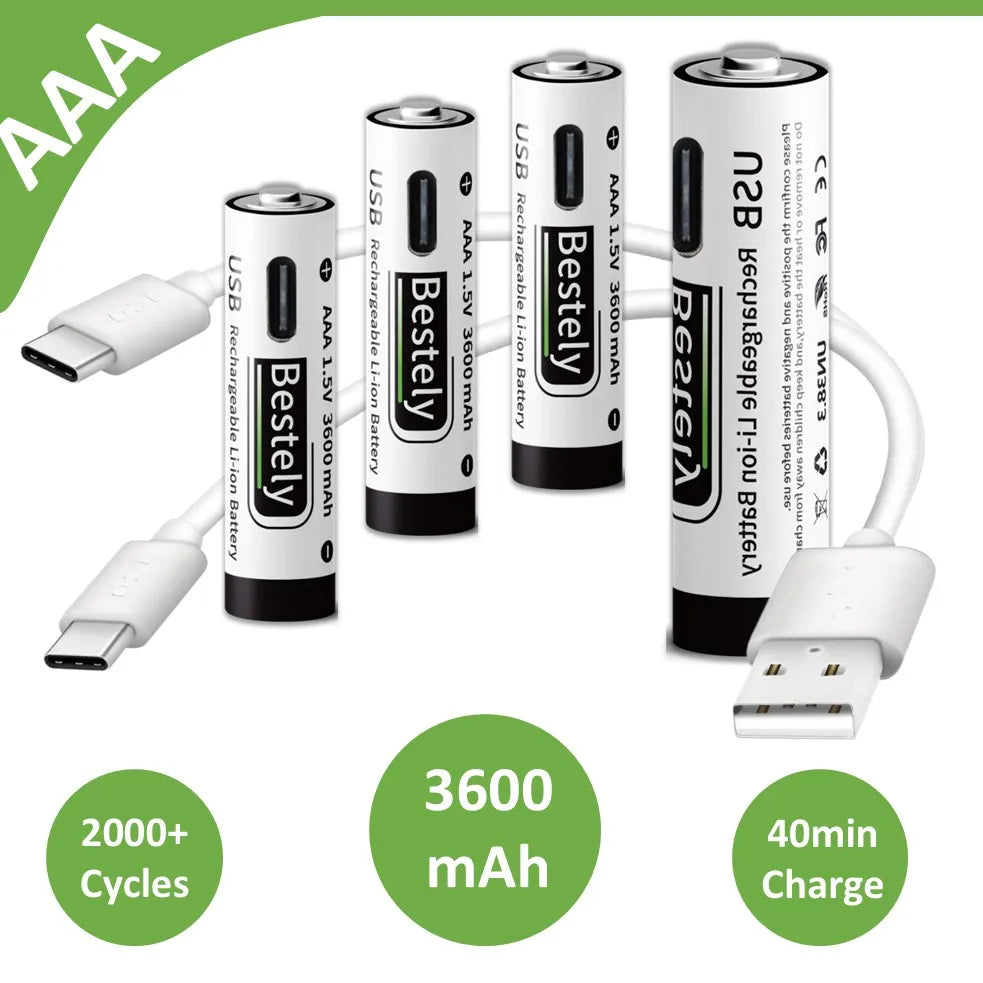 USB-C Rechargeable AAA Batteries 3600mAh