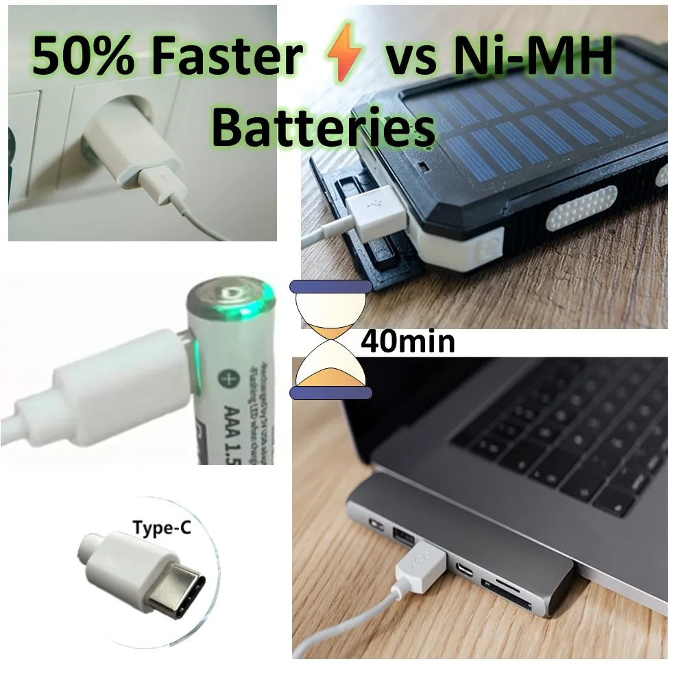 USB-C Rechargeable AAA Batteries 3600mAh